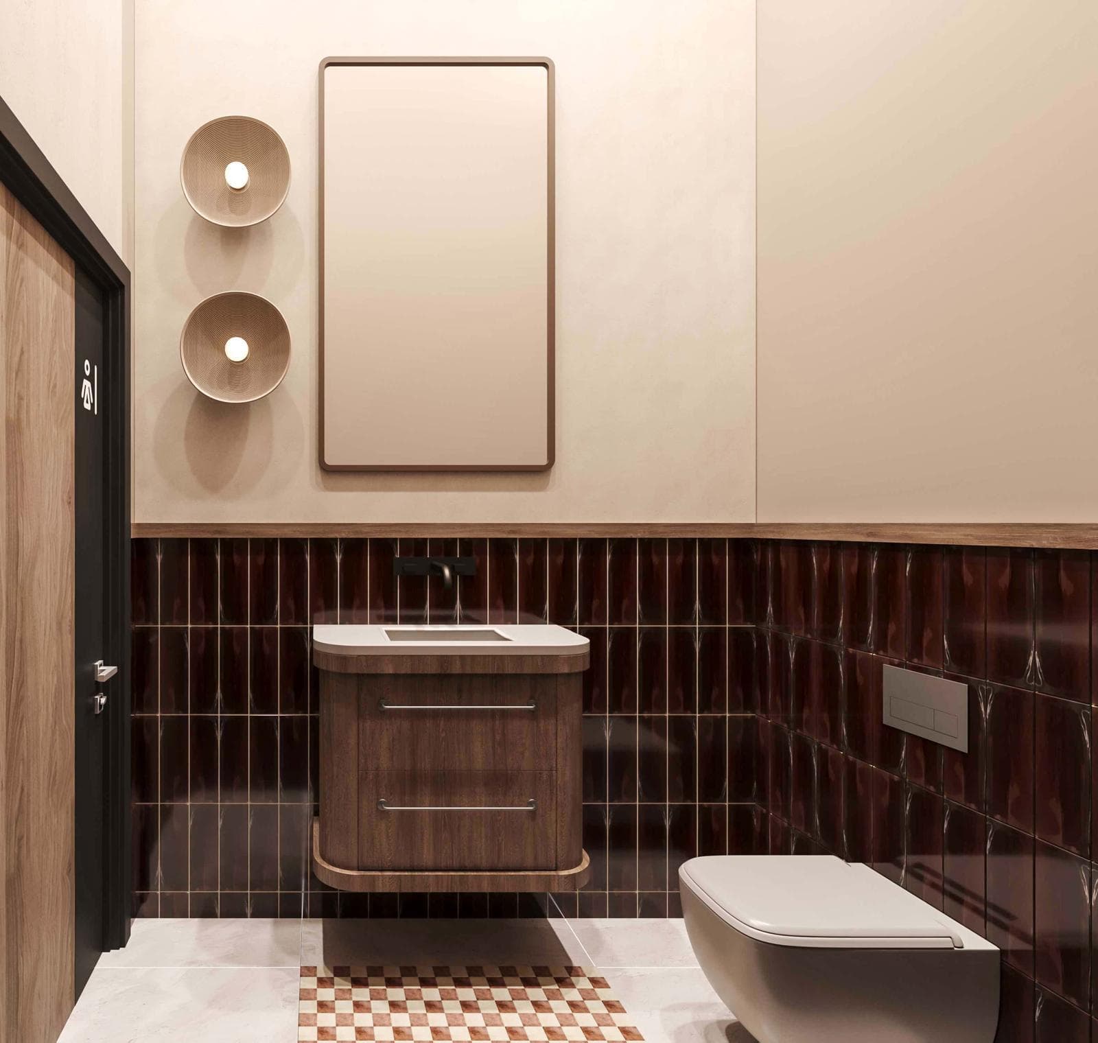 Ahşap dolaplı, bordo seramik kaplı lavabo