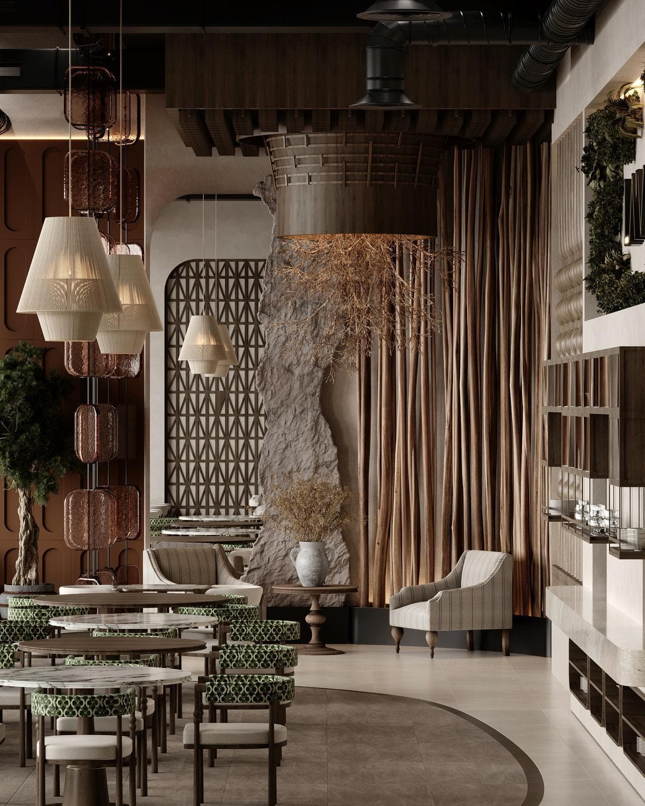 Ağaç kolon ve perdelerle ayrılmış lounge köşesi