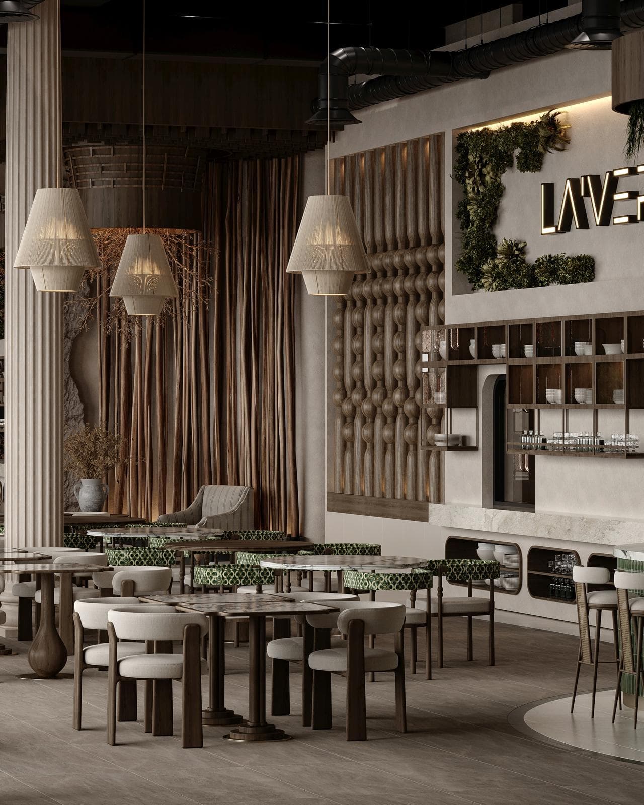 Logolu duvar, perdeler ve ahşap panellerle salon
