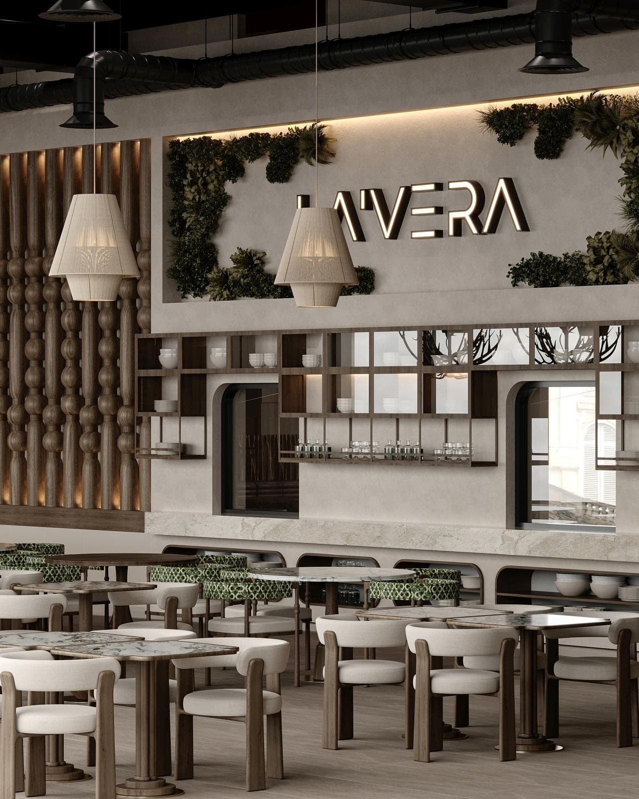 LA'VERA logolu yeşil duvar önünde açık mutfak tezgâhı